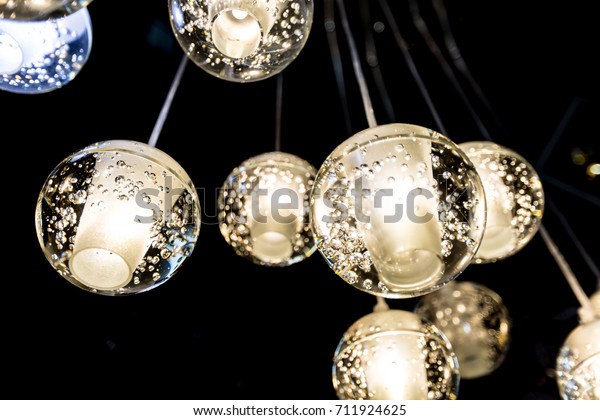 Small Balls Crystal Chandelier Hanging Ceiling Stock Photo