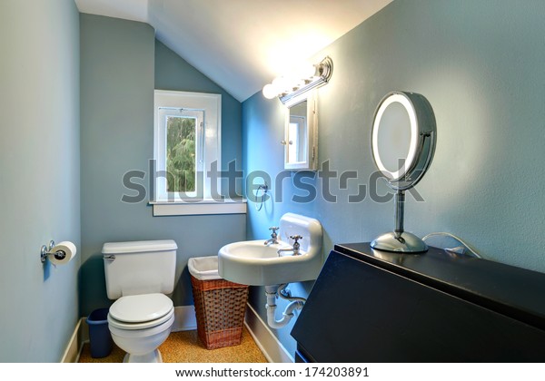 Small Bathroom Blue Wall White Vaulted Stock Photo Edit Now