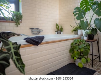 Small Bathroom With Subway Tiles And A Large Variety Of Green Potted Plants Such As A Pancake Plant And Swiss Cheese Plant Creating A Green Oasis