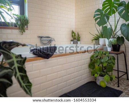 Small bathroom with subway tiles and a large variety of green potted plants such as a pancake plant and swiss cheese plant creating a green oasis