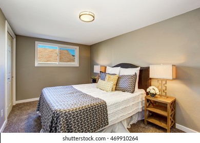 Small Bedroom Interior With Gray Walls And Carpet Floor. Northwest, USA