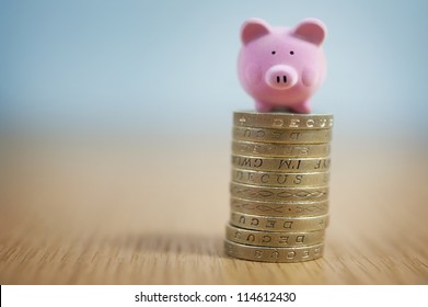 Small Beginnings - Micro Piggy Bank on top of coins. Money concept.
