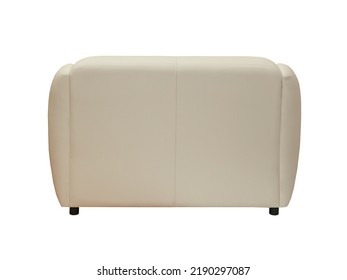 Small Beige Contemporary Leather Couch Isolated On White Background, Back View. Modern Furniture In Minimal Style, Interior, Home Or Office Design