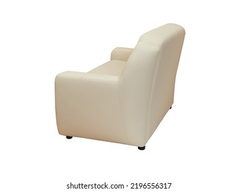 Small Beige Contemporary Leather Couch Isolated On White Background, Back View. Modern Furniture In Minimal Style, Interior, Home Or Office Design