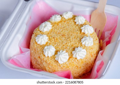 Small Bento Cake In Box With Wooden Fork Macro Close Up On White Background