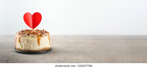 Small Bento Cheesecake Decorated With Small Hearts Topper. Valentine's Day Concept. Mother's Day, Birthday Background. Banner For Design. Copy Space