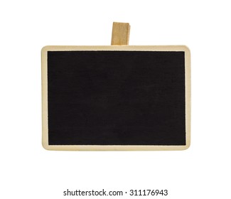 Small Black Board With Wooden Peg On White Background