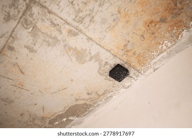 Small black electrical junction box mounted on a rough unpainted concrete ceiling at an unfinished construction site.