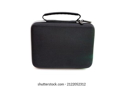 A Small Black Zipper Bag With A Handle And A Green Sheen On A Light Background