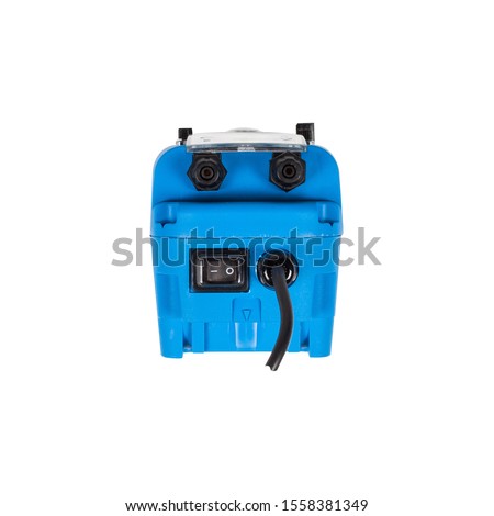 Small blue plastic AC powered peristaltic pump isolated on white background