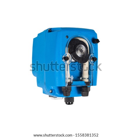 Small blue plastic AC powered peristaltic pump isolated on white background