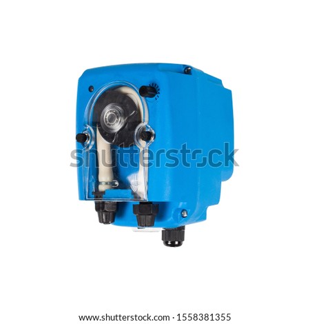 Small blue plastic AC powered peristaltic pump isolated on white background