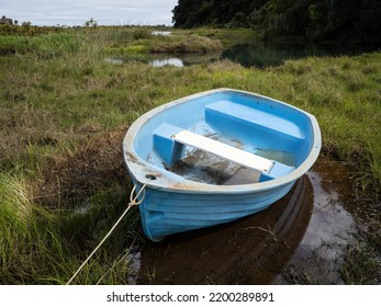 Small Blue Plastic Dinghy Boat On Green Grass On River Bank 