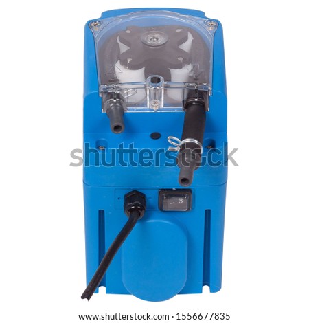 Small blue plastic peristaltic pump isolated on white background