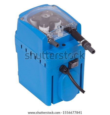 Small blue plastic peristaltic pump isolated on white background