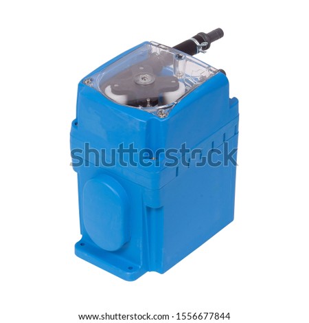 Small blue plastic peristaltic pump isolated on white background