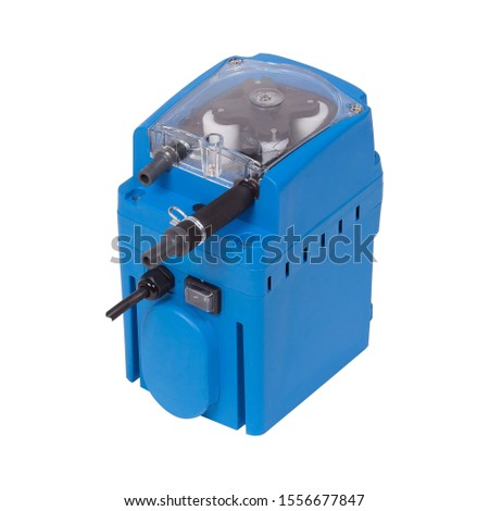 Small blue plastic peristaltic pump isolated on white background