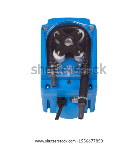 Small blue plastic peristaltic pump isolated on white background