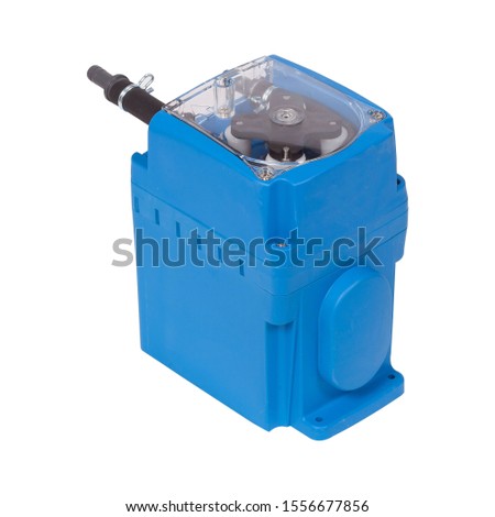 Small blue plastic peristaltic pump isolated on white background