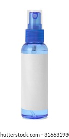 Small Blue Spray Bottle With Copy Space Isolated On White Background.