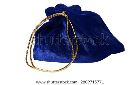 Small blue velvet drawstring pouch with golden braided cord strings