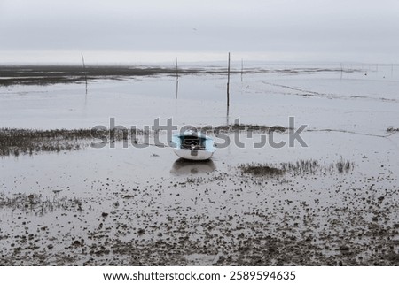 Small blue and white rowboat in the mudflats of the bay of Arcachon during low tide on a cloudy day