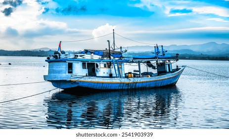 A small boat is floating on the water. The sky is blue and the water is calm. The boat is surrounded by a rope - Powered by Shutterstock