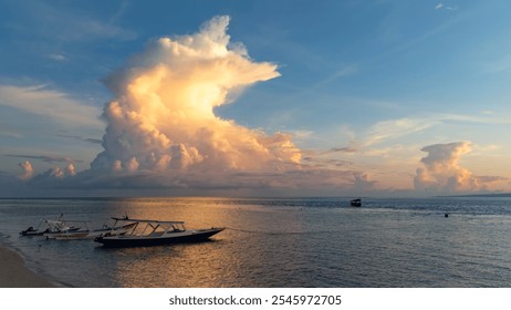 A small boat is gently floating on the surface of a tranquil body of water, surrounded by beautiful scenery and calmness