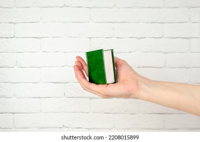 Small Book In An Outstretched Female Hand On Background Brick Wall. Concept: Poetry, Writing, Teaching New Knowledge. Love For Reading And Literature