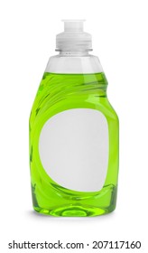 Small Bottle Of Green Liquid Dish Soap Isolated On A White Background.