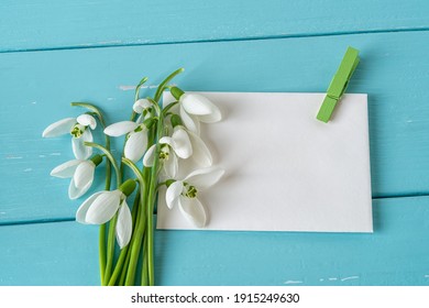 Small bouquet of Galanthus Nivalis snowdrops flowers on paper blank with green clothespin against blue wood desk. Vintage spring season holidays greeting card mock-up. Copy space. Top view. - Powered by Shutterstock