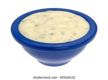 A Small Bowl Of Tartar Sauce Isolated On A White Background.