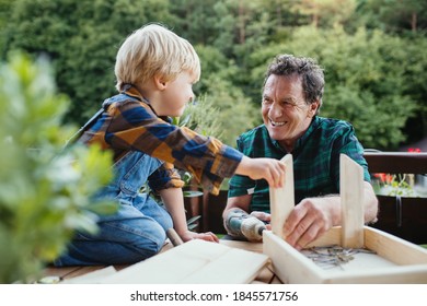 Small Boy With Senior Grandfather Constructing Birdhouse, Diy Project.