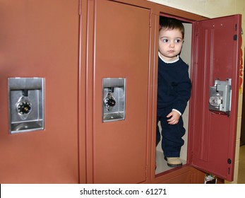 Small boy stuffed in a school locker.