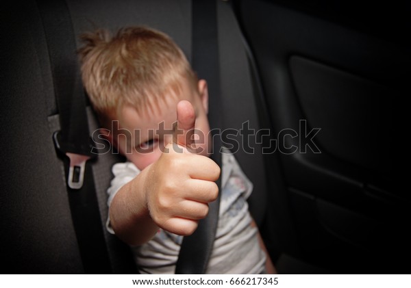 A small boy\
wearing a seat belt in the\
car.