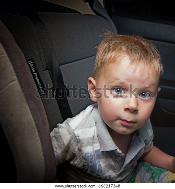 A small boy\
wearing a seat belt in the\
car.