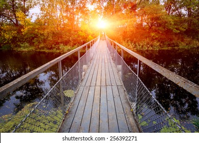 Small bridge over river in forest on sunset background