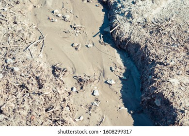 Small Brook Making Moat In The Sand From Large Lake