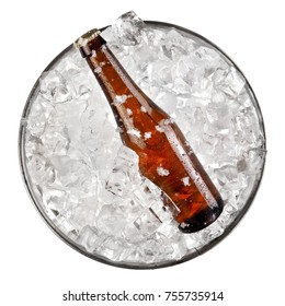 Small Brown Beer Bottle In A Bucket With Ice, Top View