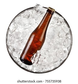 Small Brown Beer Bottle With Drops In A Bucket With Ice, Top View