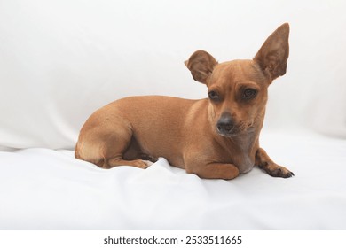 A small, brown dog with large ears lies on a white sheet. Its body is elongated, and its eyes are fixed on something unseen. - Powered by Shutterstock