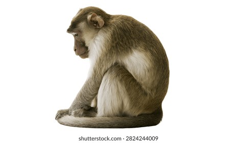 Small brown macaque monkey sitting and looking down