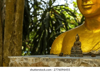 Small Buddha statue placed in front of a larger golden Buddha figure, set in a serene natural environment with soft light and greenery. Buddhism. Spirituality. Faith. Cultural heritage.