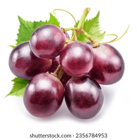 Small bunch of red table grape with grape leaves isolated on white background.