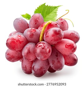 Small bunch of ripe red table grape berries with green grape leaves on white background. File contains clipping path.