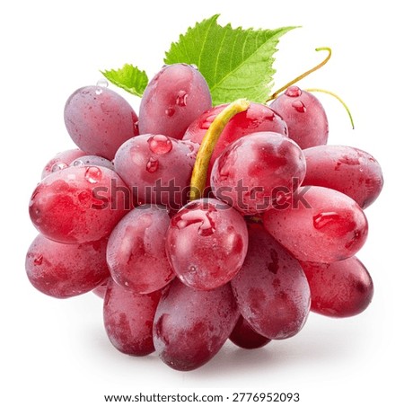 Small bunch of ripe red table grape berries with green grape leaves on white background. File contains clipping path.