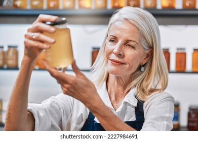 Small business, elderly woman and honey store owner for raw, natural and organic product, proud and happy. Sustainable business, market and senior woman with glass jar of healthy, syrup and nutrition - Powered by Shutterstock