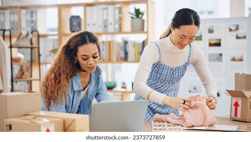 Small business, laptop and a team packing an order or logistics for fashion delivery in store. Young entrepreneur people or startup company partner for e commerce, parcel or packaging of product - Powered by Shutterstock