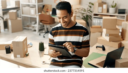Small business, man and boxes with tablet for e commerce and startup inventory with online shop,order or office courier. Entrepreneur or happy seller with digital technology for logistics and package