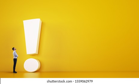 Small business man looks at a big white exclamation mark on a yellow background. 3D Rendering